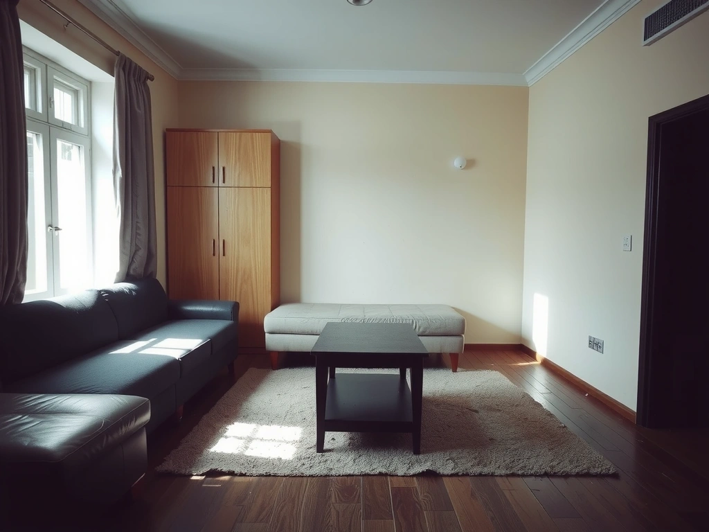 Before: Living room showing dust and clutter